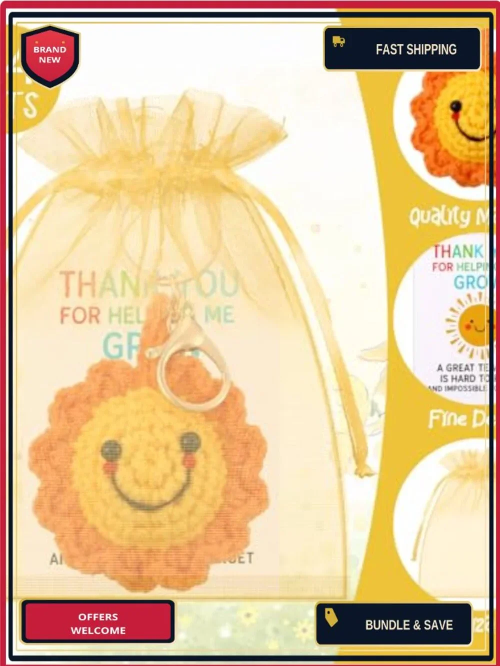 Handmade Crochet Sunflower Keychain Set for Teachers Thank You Gift with Cards